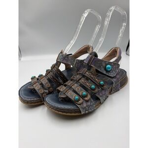 Spring Step L Artiste Navy Floral Leather Gladiator Sandals Turquoise Accents 40